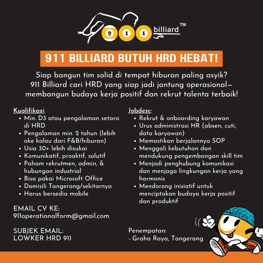 Lowongan kerja HRD wilayah Tangerang (Kerja mobile)