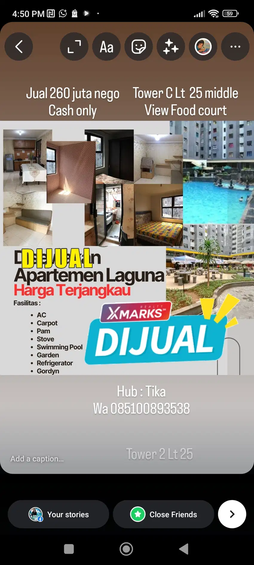 Dijual Apartemen Laguna Pluit Type 2 br semi furniture ada 1 km T C/25