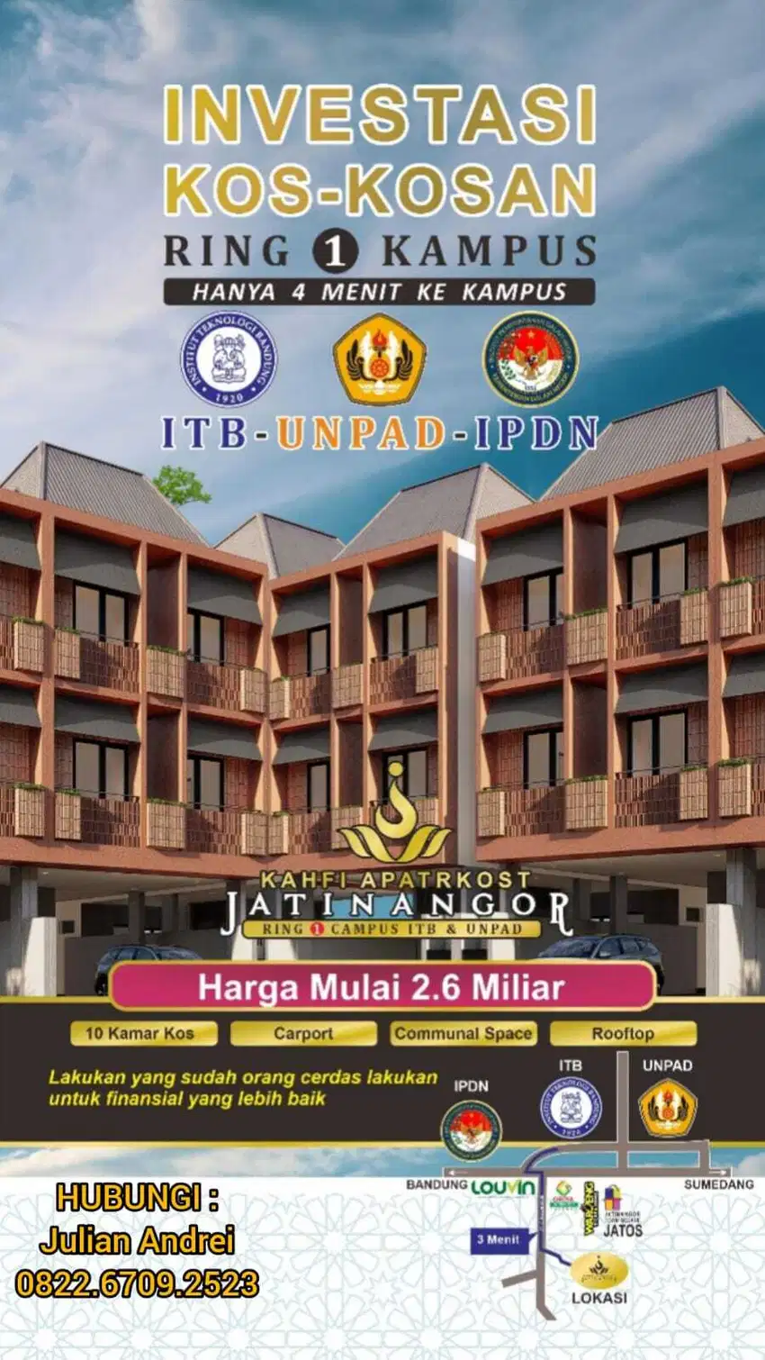 JUAL KAHFI APARTKOST 3 Di ITB JATINANGOR - LB.260m² & LT.101m² - 10 KT
