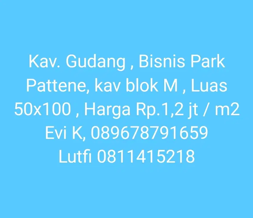 Di Jual  Kav.Gudang Pattene, Bisnis Park 5000 M2, blok M