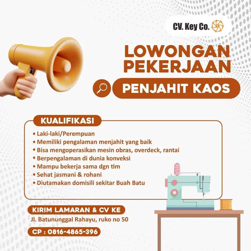 Dicari Tukang Jahit Kaos Serba Bisa & Staff Administrasi Toko