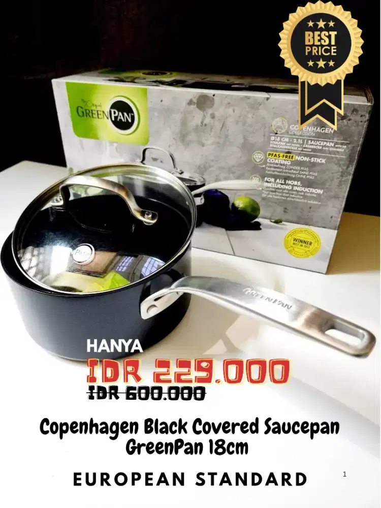 Panci wajan Copenhagen Black Covered Saucepan GreenPan 18cm