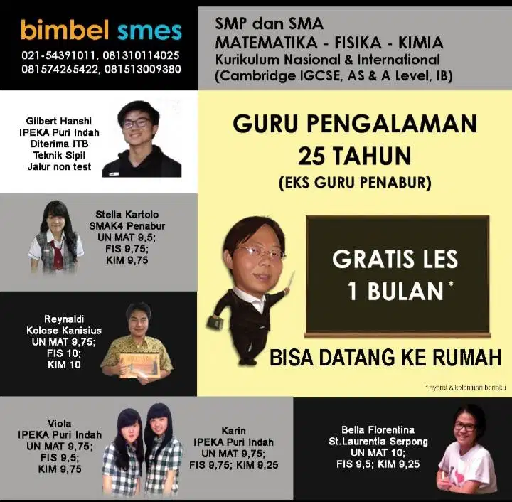 Les privat Matematika, Fisika SMP SMA Guru eks Penabur GRATIS 1 bulan