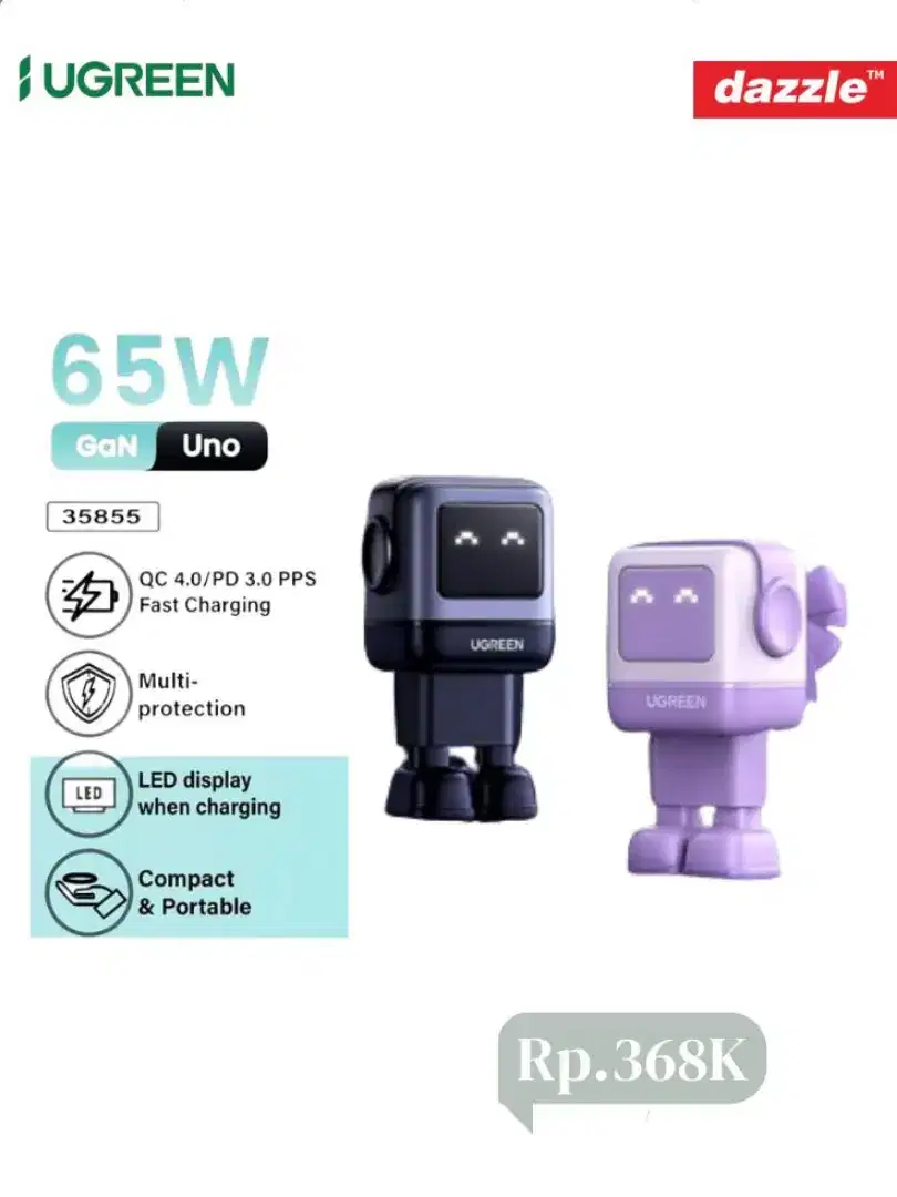 Ugreen adapter robot GaN 65watt 3-port fast charging
