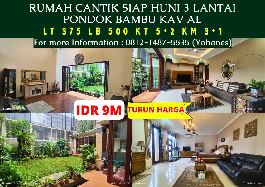 Jual Cepat Rumah Cantik siap huni 375mtr 3 lantai Pondok Bambu Kav AL