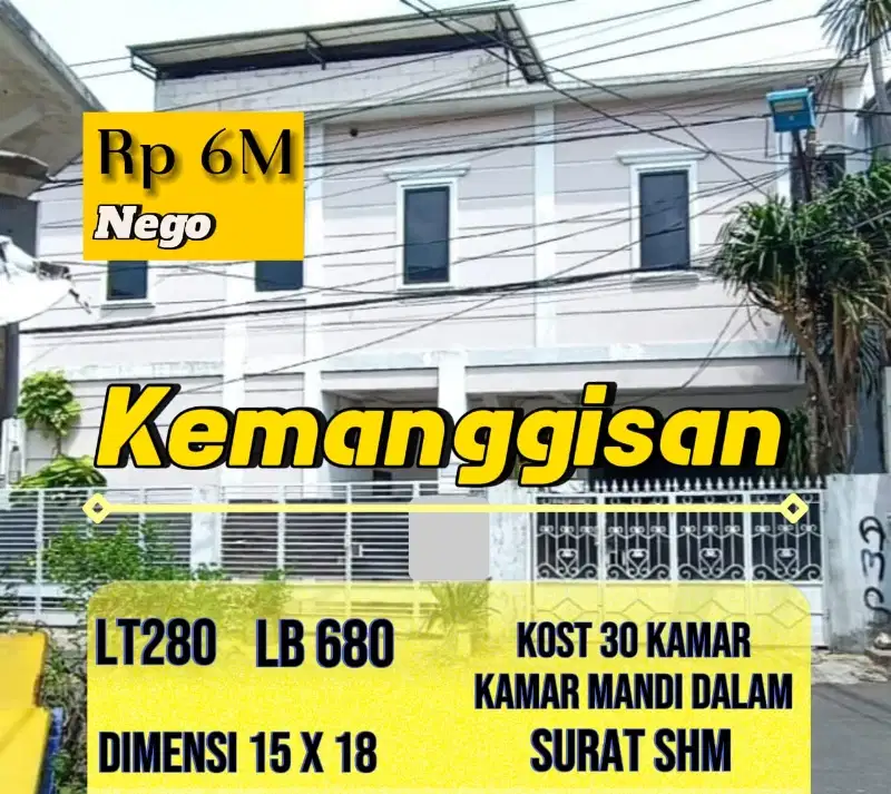 JUAL RUMAH KOST SELALU PENUH 3 LANTAI KEMANGGISAN JAKBAR
