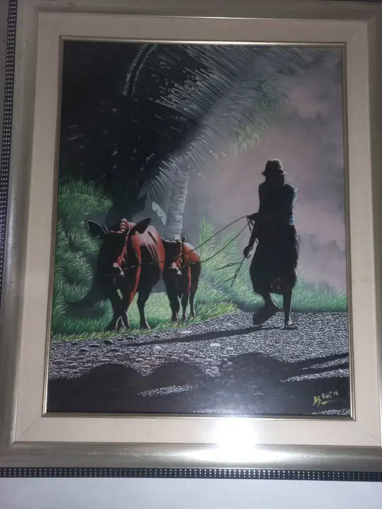 Lukisan Canvas Bali Siluet Petani Angon Sapi
