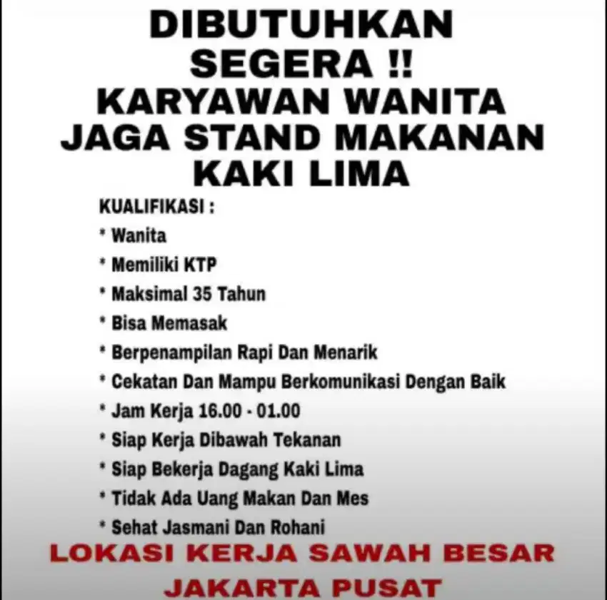 DIBUTUHKAN KARYAWAN WANITA JAGA STAND KAKI LIMA