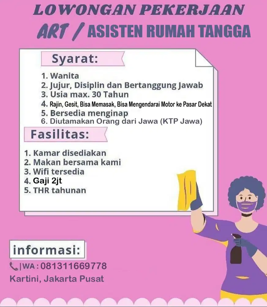 DICARI ART khusus Menginap, Rajin, Bisa Memasak