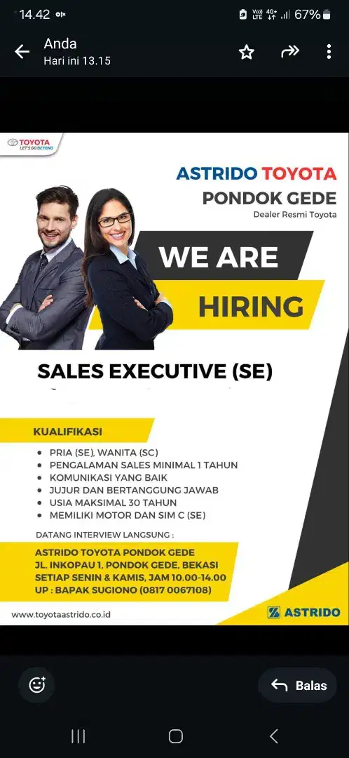 Di Butuhkan Sales Marketing