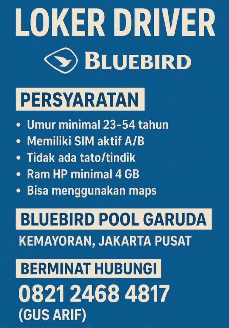 LOWONGAN PENGEMUDI BLUEBIRD
