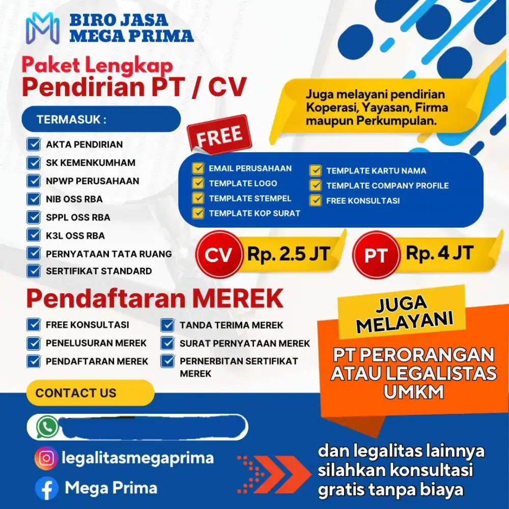 Layanan pendirian pt cv yayasan koperasi izin usaha oss pbg hki dll