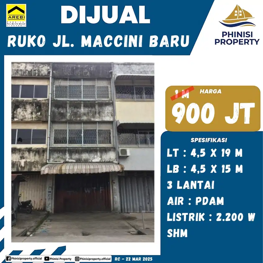 DIJUAL RUKO DI MACCINI BARU CUMA 900 JUTAAN SUDAH 3 LANTAI