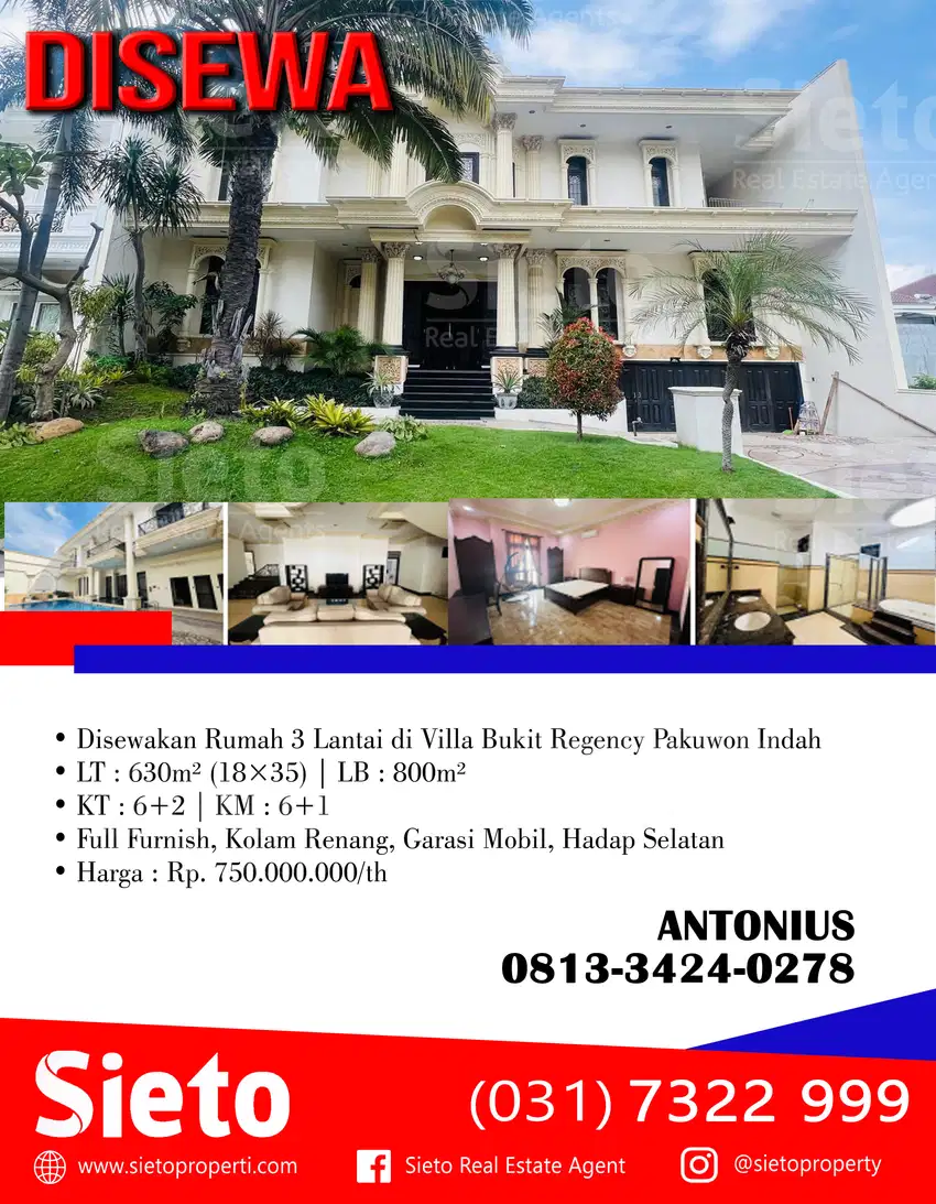 Disewakan Rumah Murah 3 Lantai di Vila Bukit Regency Pakuwon Indah