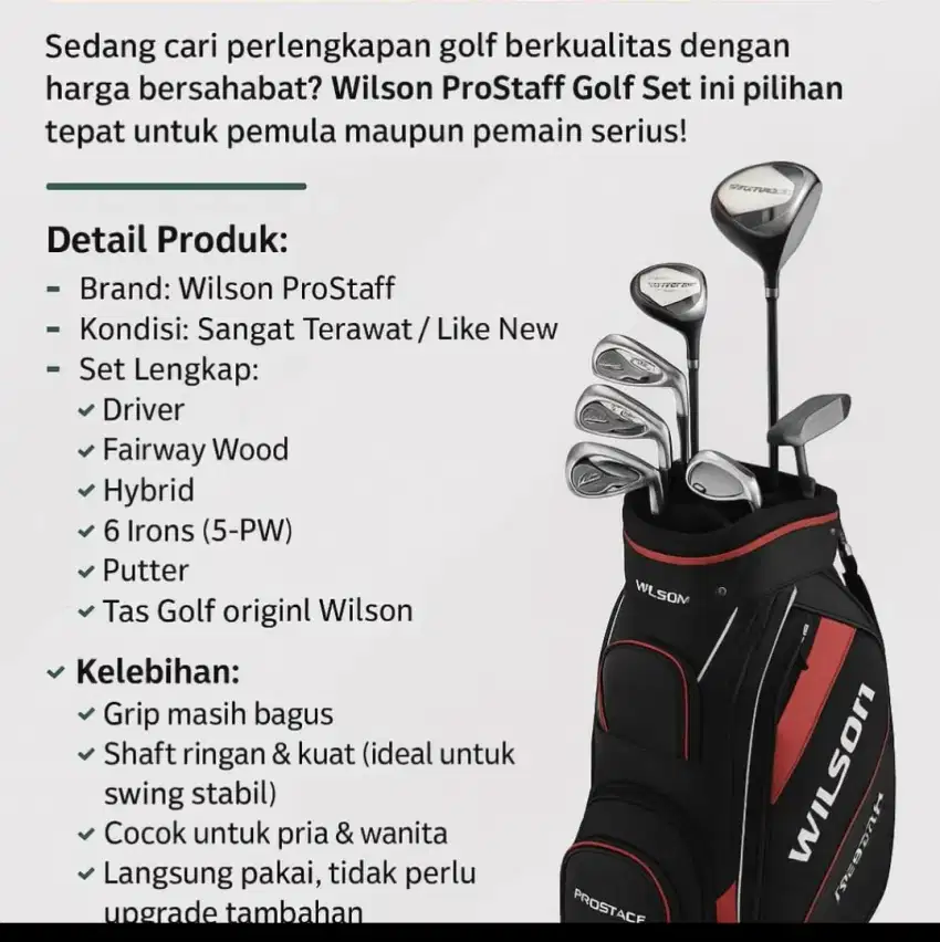 DIJUAL : 1 SET WILSON GOLF PROSTAFF LENGKAP, 90% BARU & SIAP MAIN
