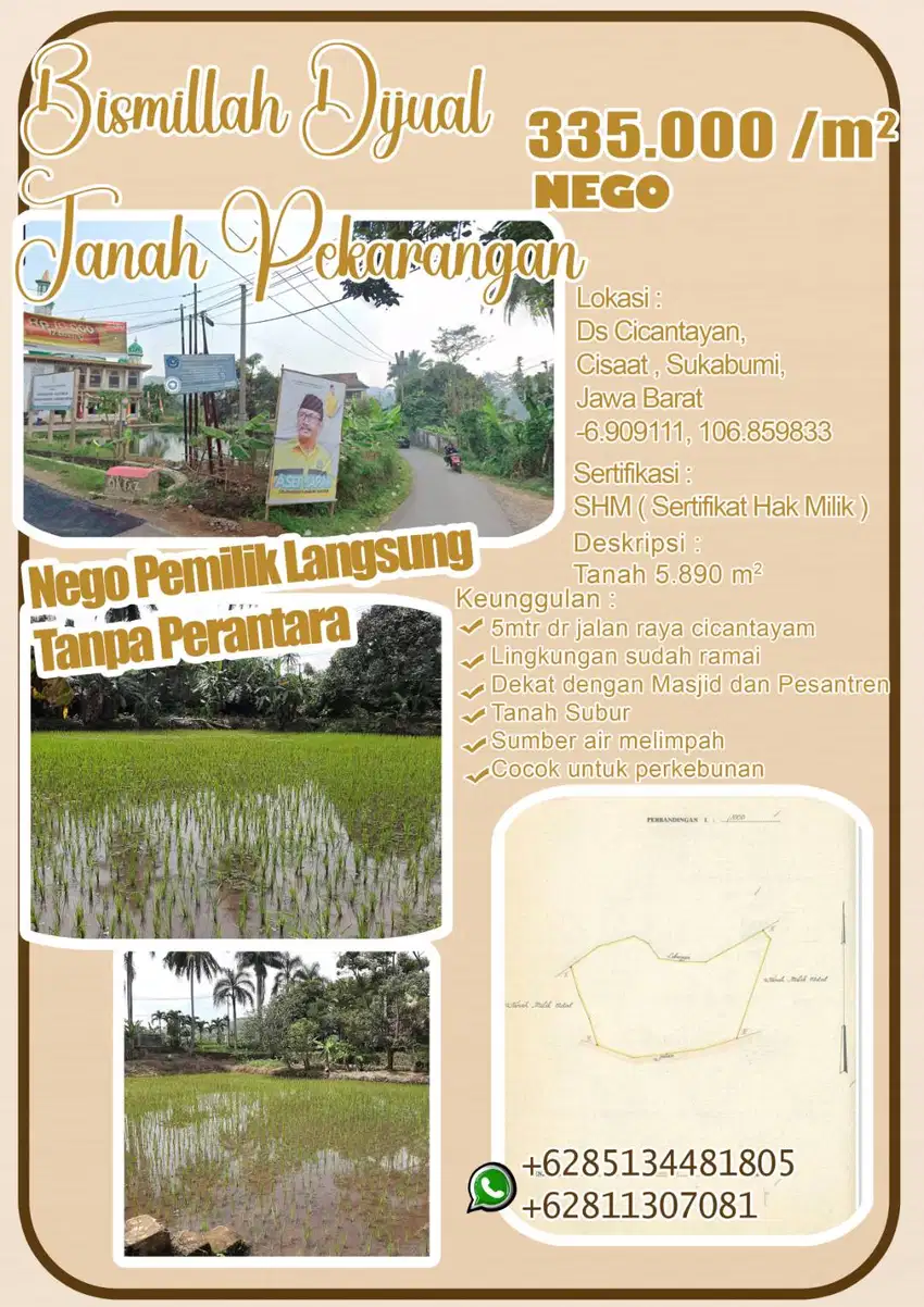 Jual Tanah harga dibawah  pasaran, di Cicantayan, Sukabumi