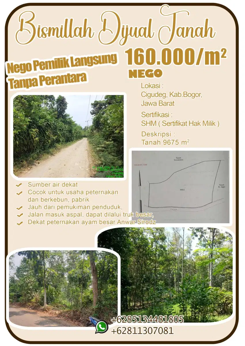 Tanah , Villa , Rumah cck u/ ternak n pabrik 500m dr Jl utama, bogor