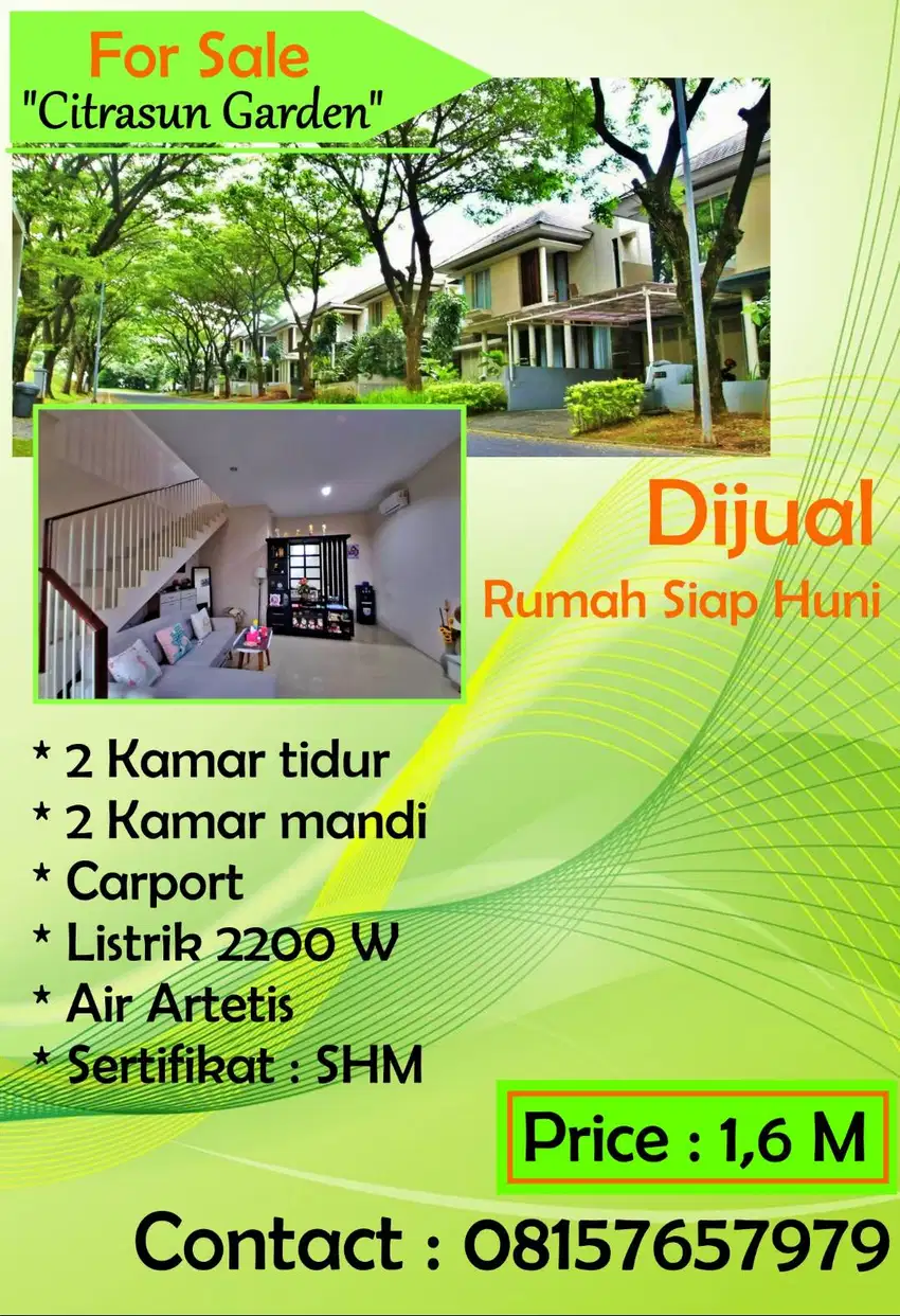 Rumah Cantik 2LT di Citrasun Garden Dijual Cepat BU