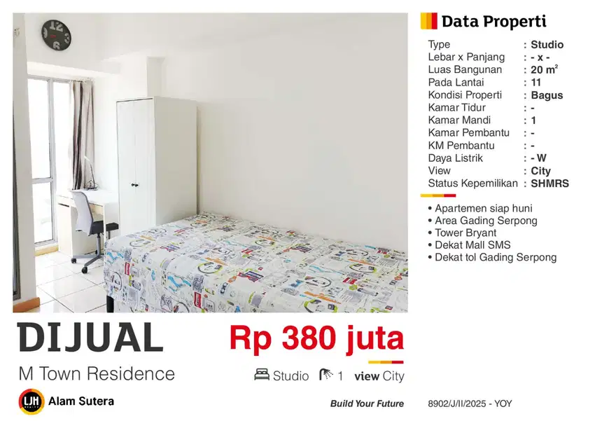 Dijual Apartemen Studio Furnished Siap Huni Sebrang SMS Mall