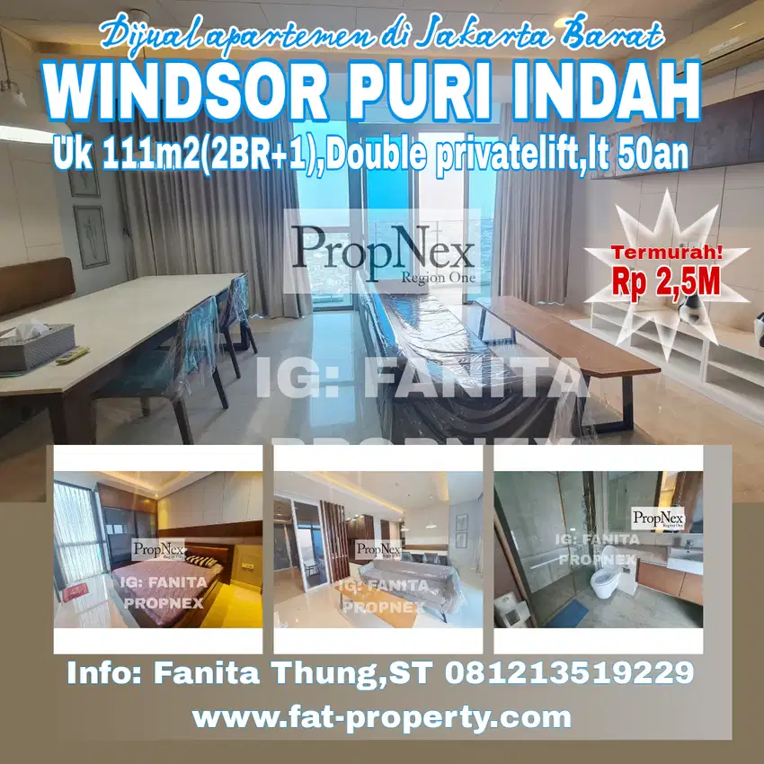 UPER MURAH Dijual Apt Windsor Twr 1 uk 111m2(2BR+1) privatelift lt 50a