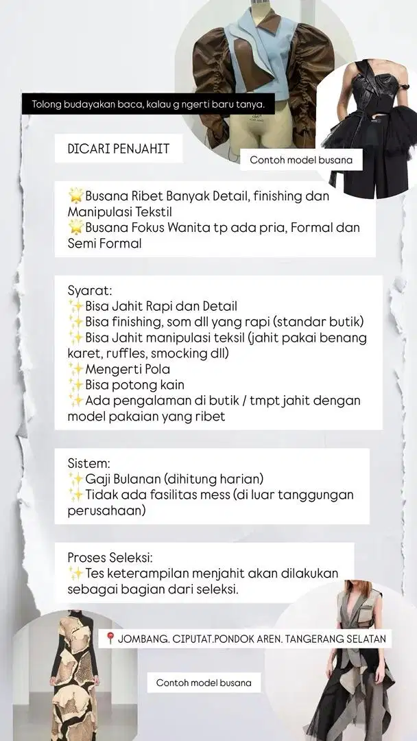 DICARI PENJAHIT (BUDAYAKAN BACA SEBELUM TANYA)