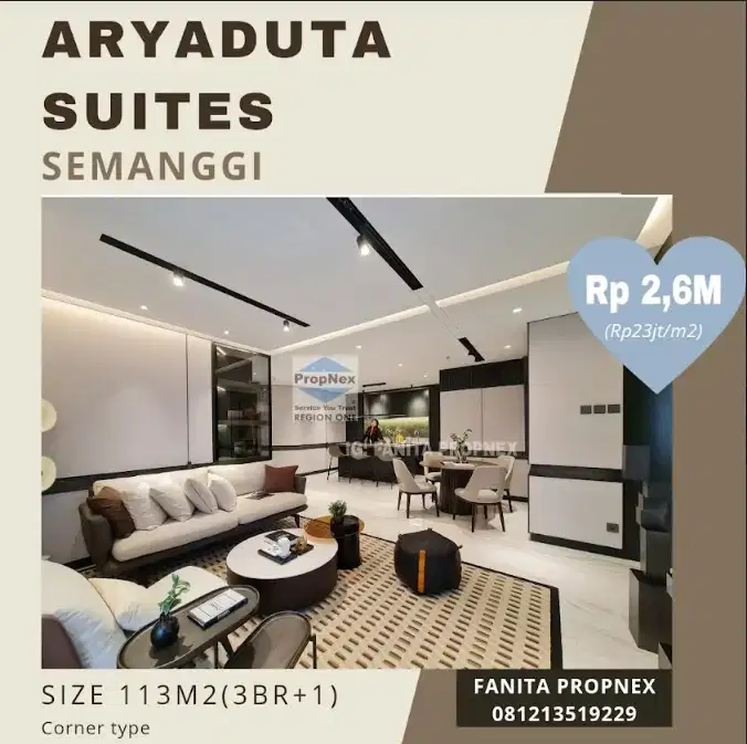 Apartemen Aryaduta Suites Semanggi 113m2(3BR+1) Corner tipe,Rp2,6M