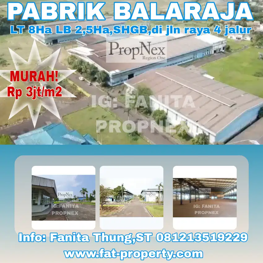 Dijual pabrik di Jl Raya Serang,Balaraja,Tangerang LT 8Ha LB 2,5Ha,SHG