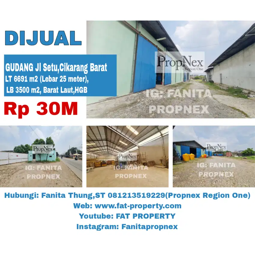 Dijual gudang di Jl Ry Setu,Cikarang Barat LT 6691m2 LB 3500m2,Barat