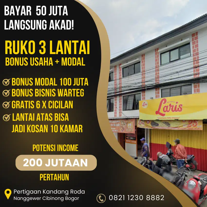 DP 50 Juta Punya 3 Unit Ruko 3 Lantai Bonus Warteg & Modal Kerja Kosan
