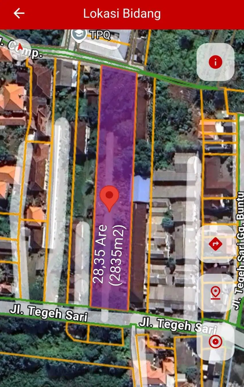 DIJUAL TANAH SHM LUAS 2835 M2 DI JALAN TEGEH SARI KUTA - BALI