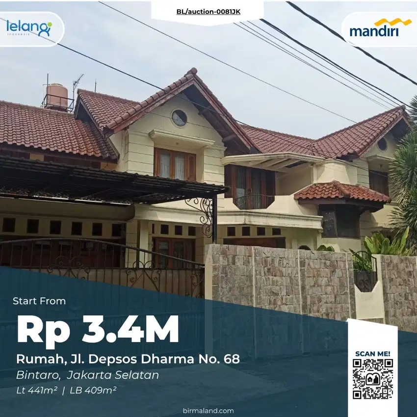 Rumah Dijual, Jl. Depsos Dharma,Bintaro, Pesanggrahan, Jakarta Selatan