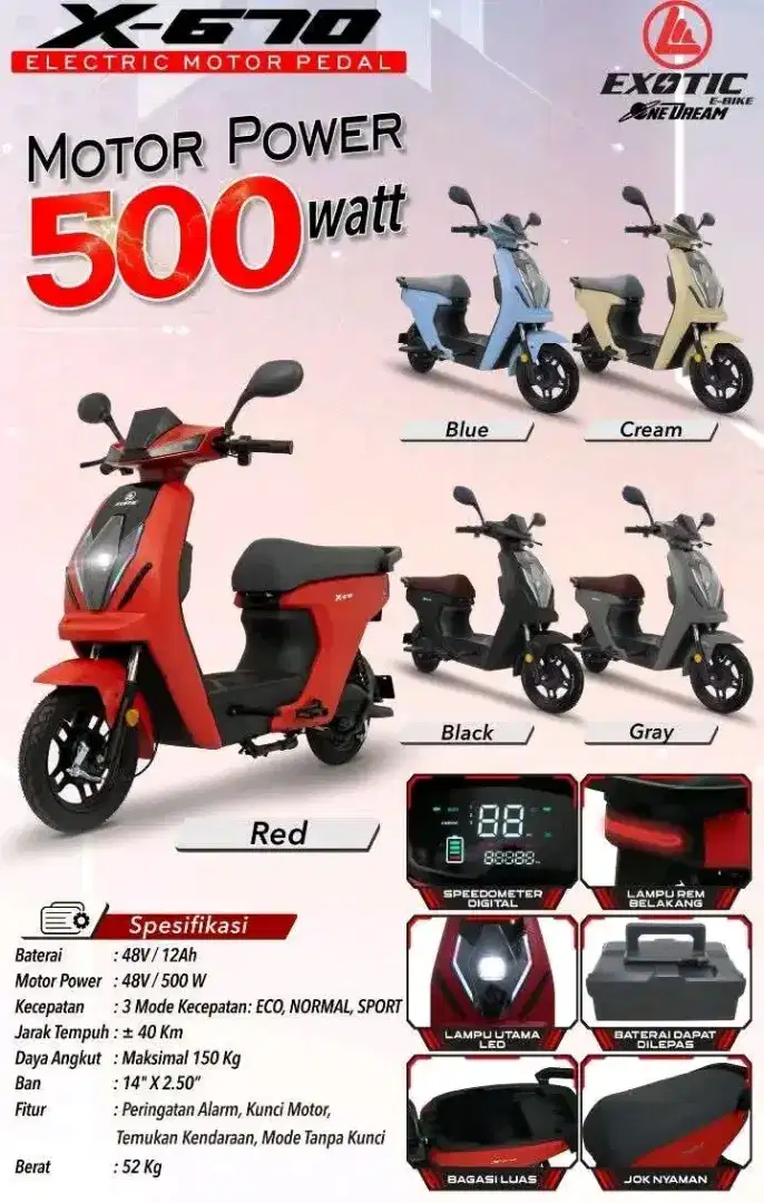 Sepeda Listrik Exotic x670 sdah dilengkapi bagasi, bergaransi (Cash)