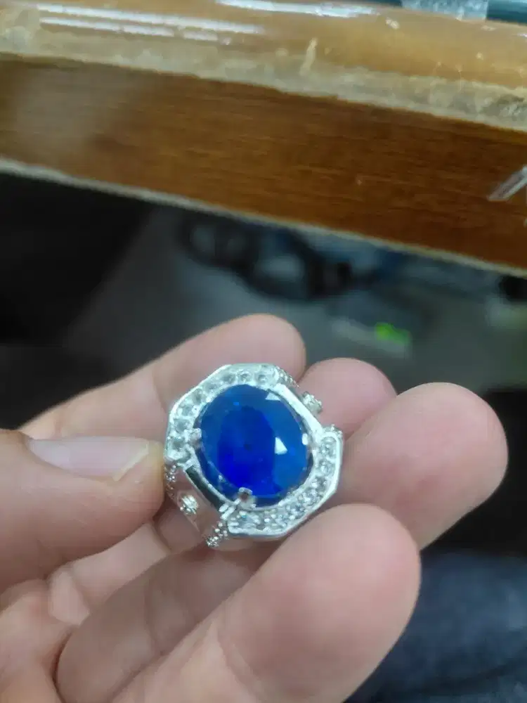 Sintetik blue safir ring perak/palladium