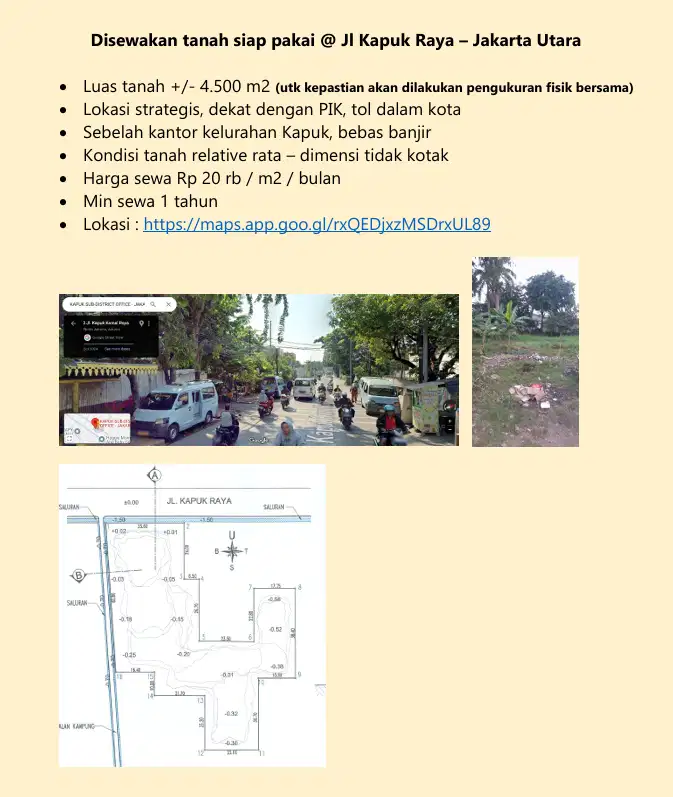 FOR RENT  Tanah Komersial di Jl. Kapuk Raya Jakarta Utara