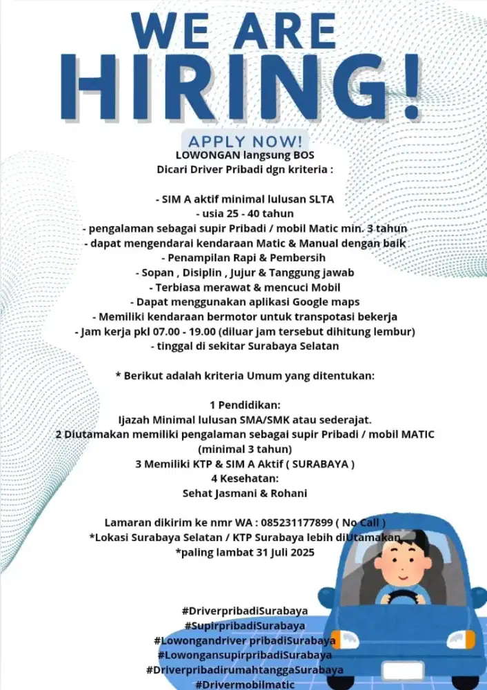 Driver Pribadi Rumah Tangga langsung Bos