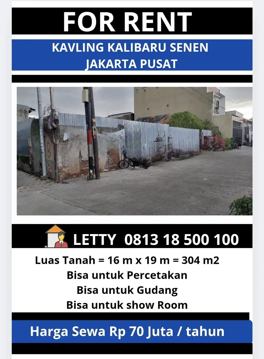 Kavling atau Tanah Kalibaru Senen Jakarta Pusat Rp 70 Juta / tahun