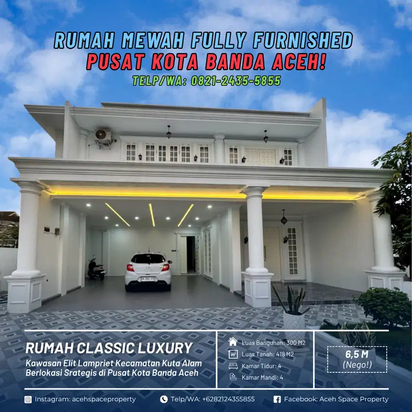 Dijual Rumah Mewah di Kawasan Elit Lampriet - Lengkap Perabotan Mewah!