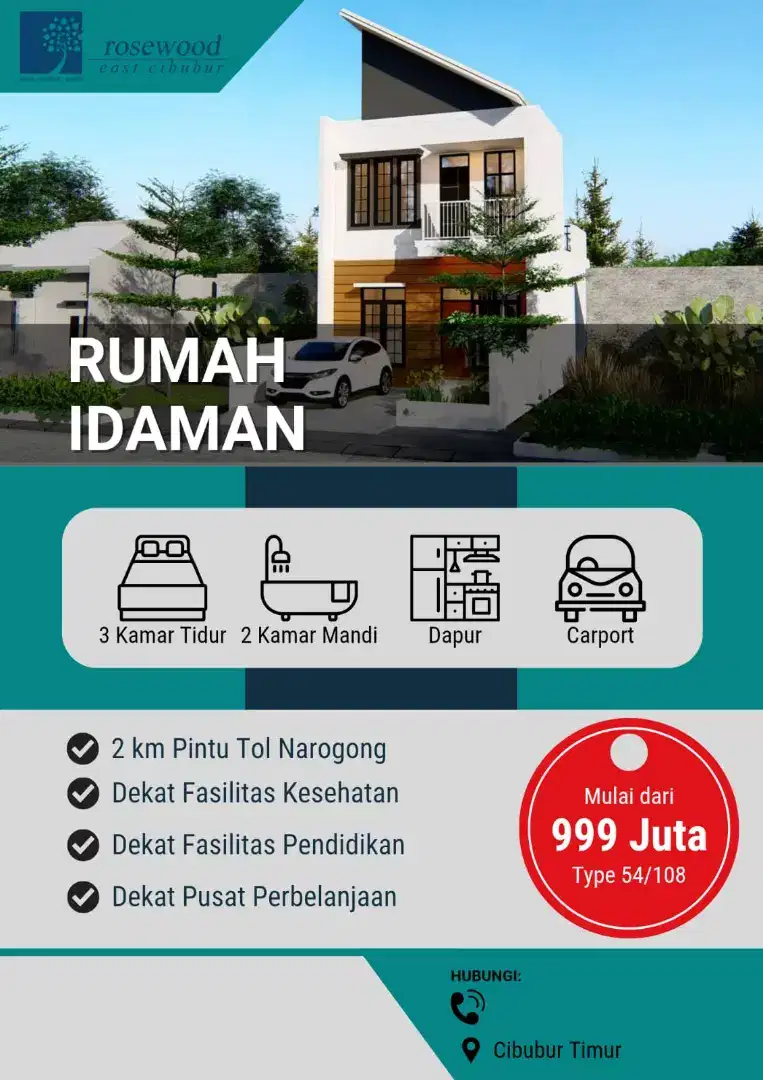 Rumah mewah di jual cash 900jutaan dekat pintu tol cibubur