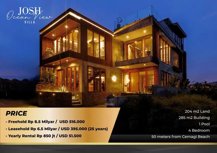 VILLA DEKAT PANTAI CEMAGI dengan VIEW SAWAH DAN OCEAN
