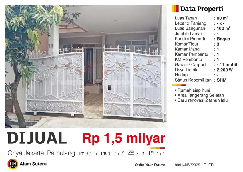 Dijual Rumah Cantik SHM Griya Jakarta Pamulang Tangerang Selatan