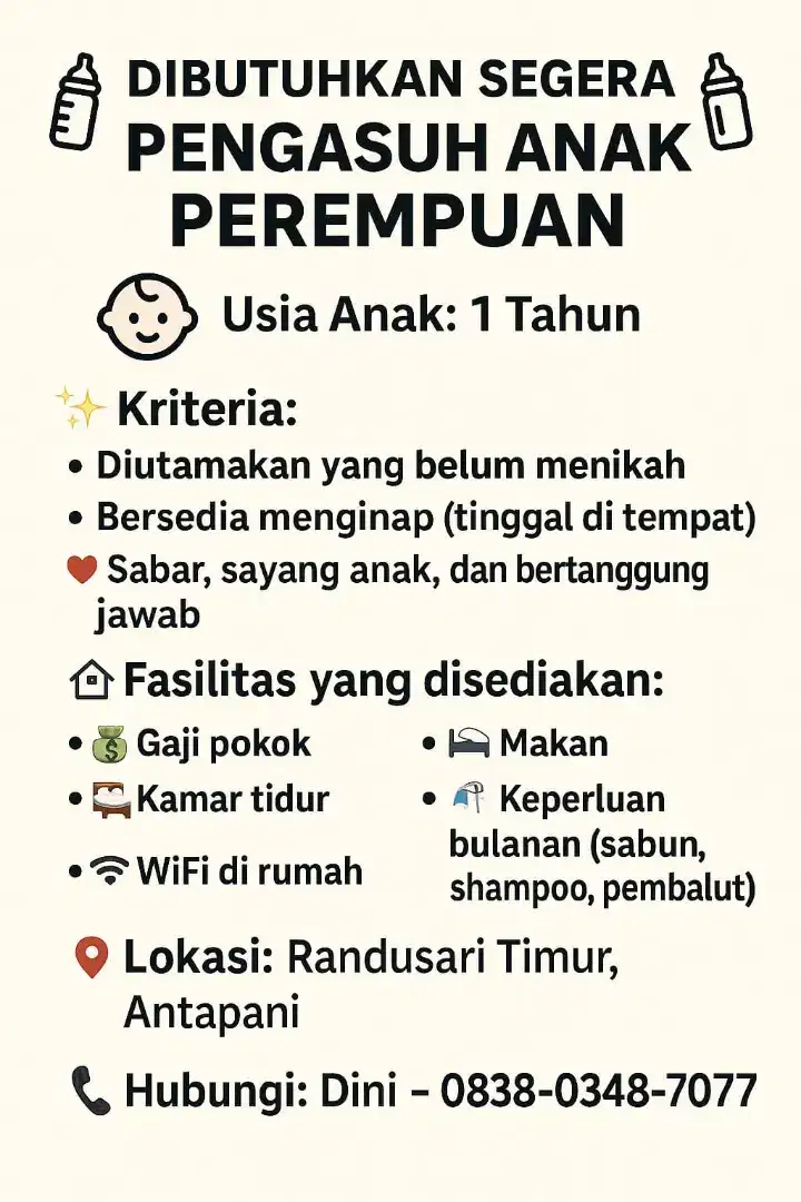 Pengasuh Anak Perempuan usia 1thn