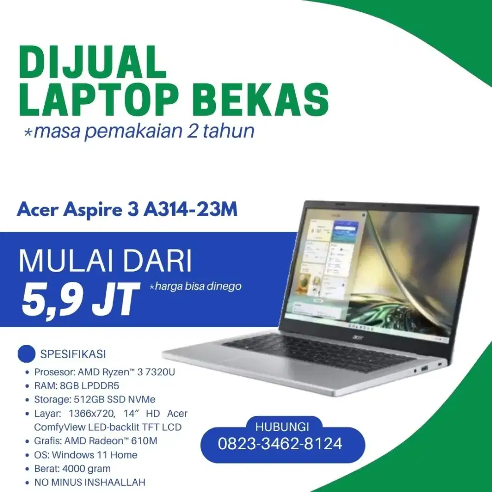 Laptop Acer ryzen 3 7320u bekas