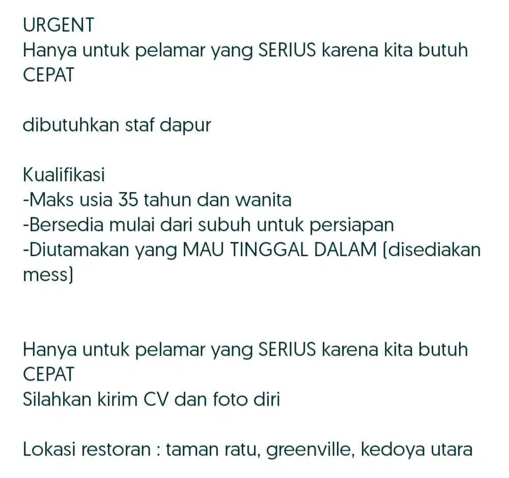 Staff Dapur (BUTUH URGENT)