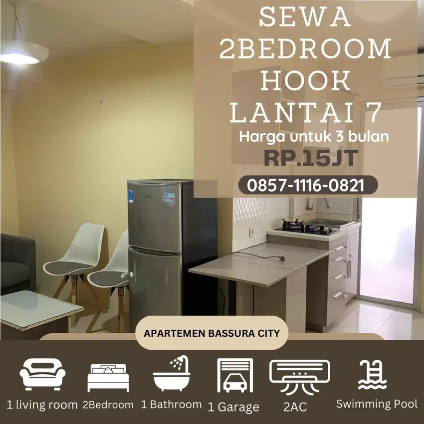 2 kamar hook sewa furnished lantai 7 apartemen bassura city