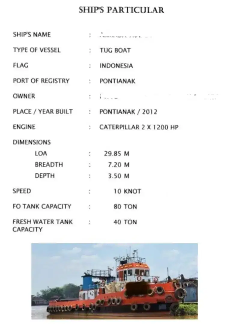 Jual kapal tugboat+barge 300ft  2012