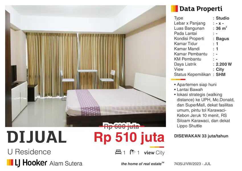 Dijual Apartemen Studio Furnished Lantai Rendah Dekat UPH Karawaci