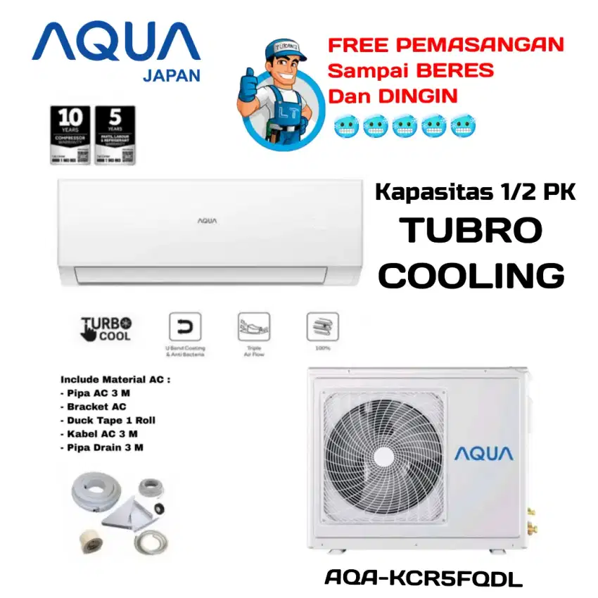 FREE PASANG! AQUA Japan AC 1/2 PK TURBO COOLING AQA-KCR5FQDL R32