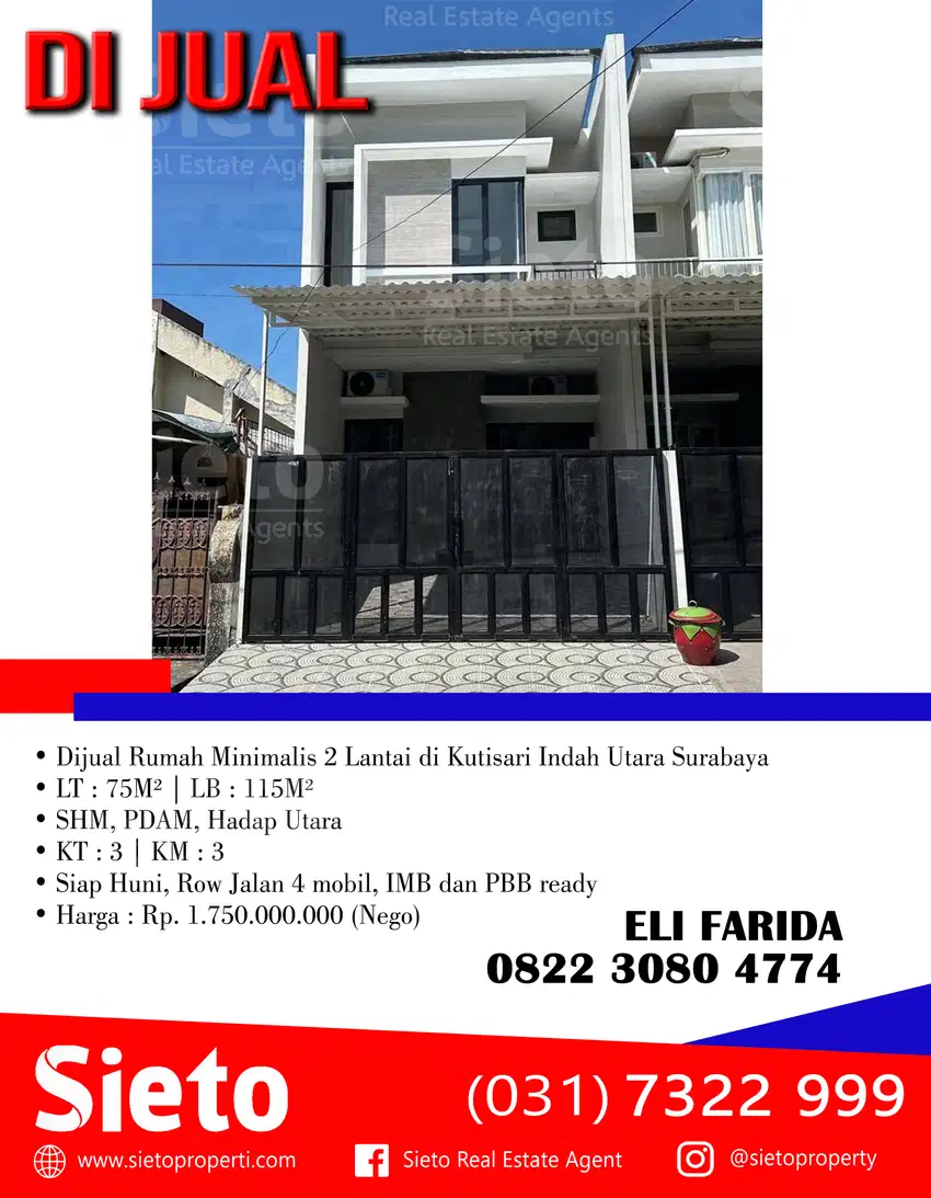 Dijual Rumah Minimalis 2 Lantai di Kutisari Indah Utara Surabaya