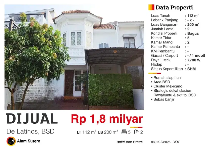 Dijual Rumah 2 Lantai BSD Murah Akses Tol dan Stasiun Rawa Buntu