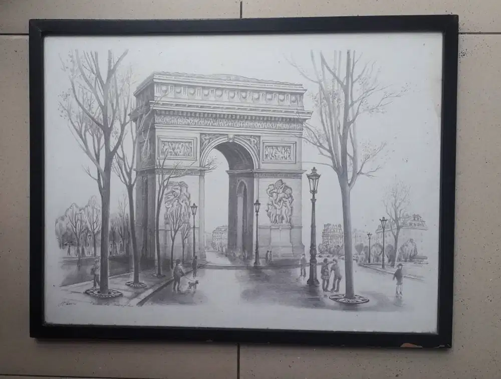 Pajangan lukisan sketsa pensil gambar tugu di kota Paris